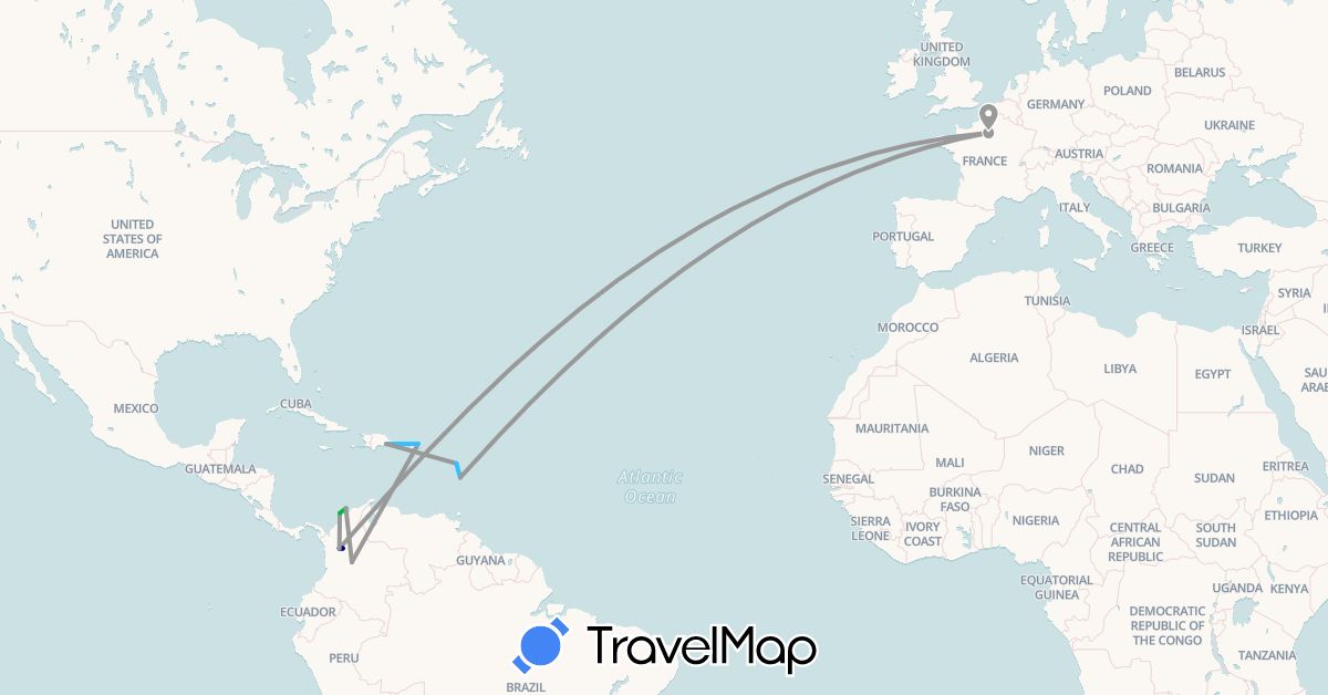 TravelMap itinerary: driving, bus, plane, boat in Colombia, Dominican Republic, France, United States (Europe, North America, South America)